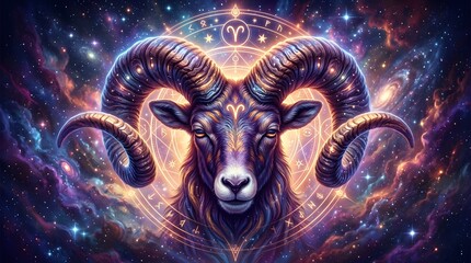 Obraz premium Mystical Aries Ram with Cosmic Background and Zodiac Symbols