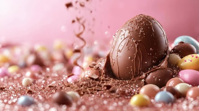 Assortment of chocolate easter eggs and candy on pink background. Easter, Pascha, Paskha, Ostern, Pascua, Paques - Orthodox and Catholic Holiday celebration