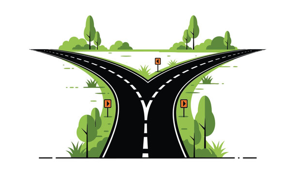 Fork in the road silhouette with trees and highway signs