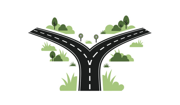 A fork in the road with a silhouette of trees and grass on a white background illustration