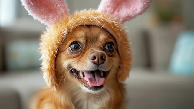 Happy chihuahua wearing bunny ears hat indoors. Easter, Pascha, Paskha, Ostern, Pascua, Paques - Orthodox and Catholic Holiday celebration