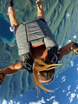 Woman freefalling high above tropical landscape skydiving