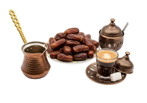 Traditional arabic coffee setup with dates and copperware isolated on transparent background