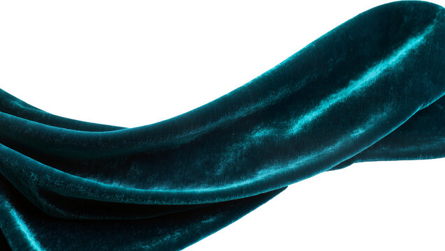 Luxurious dark teal velvet fabric, elegantly draped and flowing with shimmering highlights, isolated PNG on transparent background for textile design