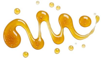 Golden viscous honey or maple syrup stream with scattered drops, isolated on transparent background, sweet food ingredient for culinary designs
