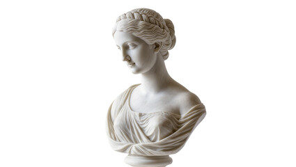 Elegant classical white marble bust of a beautiful young woman with braided hair, gracefully draped, isolated on a clean background, ancient art sculpture © Mira