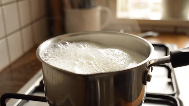 Milk is boiling in a pot on the stove in a home kitchen