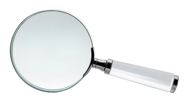 Realistic magnifying glass with clear glass lens and shiny silver handle, isolated on transparent background, perfect for detailed inspection and scientific research PNG