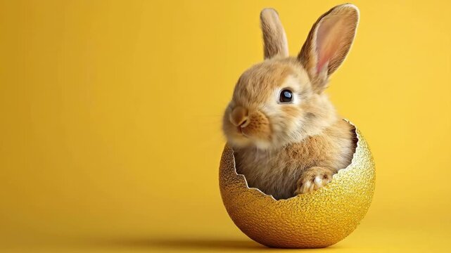 Cute bunny in golden egg shell on vibrant yellow background. Easter, Pascha, Paskha, Ostern, Pascua, Paques - Orthodox and Catholic Holiday celebration