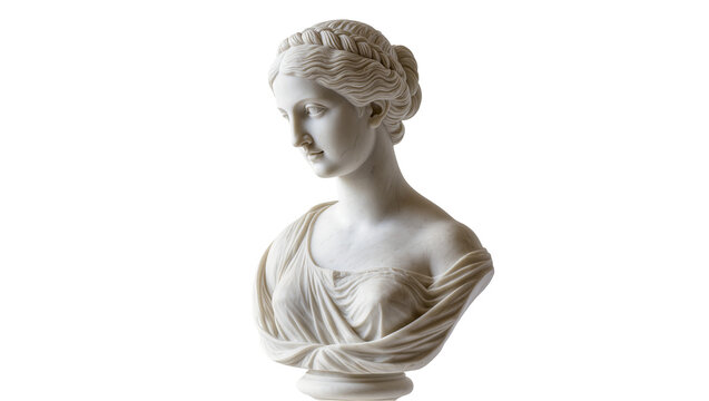 Elegant classical white marble bust of a beautiful young woman with braided hair, gracefully draped, isolated on a clean background, ancient art sculpture
