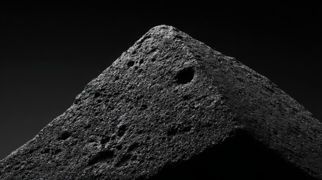 Close-up of a dark, porous volcanic rock with a rough, detailed texture against a black background