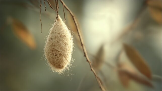 Delicate praying mantis egg case hanging from a branch showcasing natural protection and life cycle