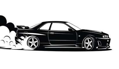 Silhouette of a sleek black sports car in motion with smoke from tires dynamic racing scene © Thysl2000