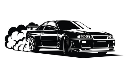 Silhouette of a sleek black sports car speeding with smoke trailing behind © Thysl2000