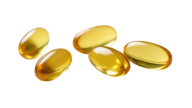 Five golden translucent softgel capsules, rich in omega-3 fish oil or vitamin E, are perfectly isolated on a transparent background PNG
