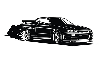 Silhouette of a sleek black sports car in motion with smoke from tires a dynamic racing scene silhouette © Thysl2000