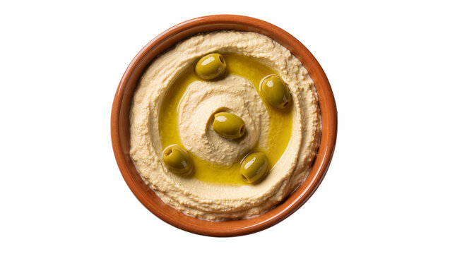 Creamy hummus with a swirl of golden olive oil and whole green olives, served in a rustic ceramic bowl, isolated PNG, healthy Mediterranean food