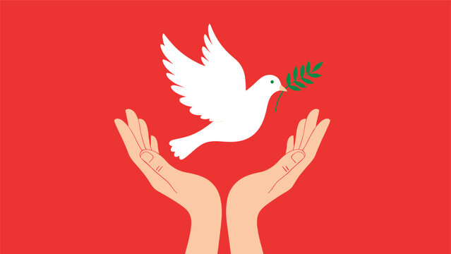Pair of open hands reaching towards a flying white dove of peace carrying an olive branch over a bright red background.