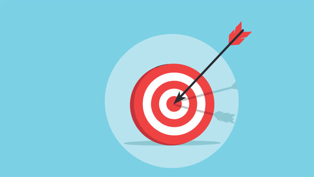 Red and white bullseye target with a single arrow hitting the exact center point to represent perfection and goal success.