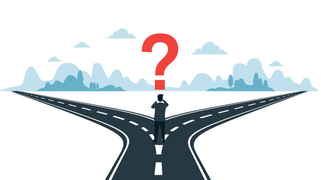 Man standing at a fork in a long road with a large red question mark above his head while considering future life choices.