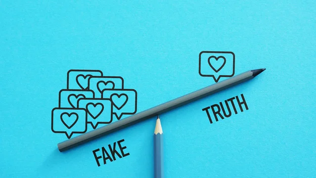 Fake vs truth concept with social media likes imbalance, misinformation and truth contrast, influence, credibility, digital trust, fake news and online perception