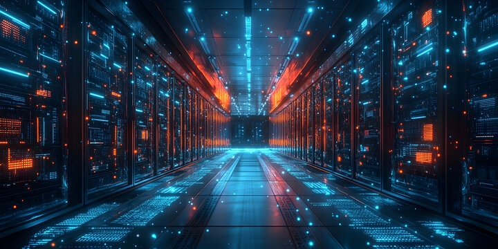 Futuristic data center corridor illuminated by vibrant blue and orange lights, showcasing advanced technology