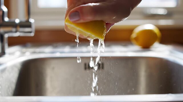Fresh lemon juice is squeezed by hand in the kitchen over the sink