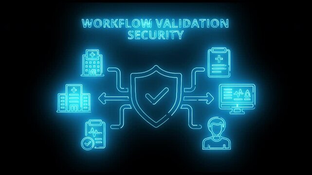 Neon-lit workflow validation security concept with glowing blue shield and icons on a black background.