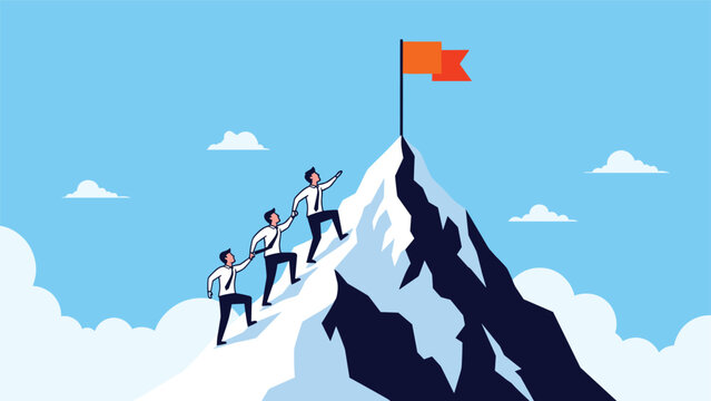 Professional teamwork and mutual support concept with business people helping each other climb high snowy mountain peak.
