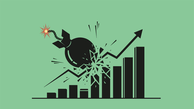 Market volatility and financial crisis concept featuring a black bomb exploding onto a rising bar chart of company growth.