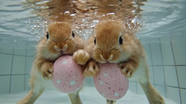 Adorable baby rabbits swimming underwater with pink eggs in a pool. Easter, Pascha, Paskha, Ostern, Pascua, Paques - Orthodox and Catholic Holiday celebration