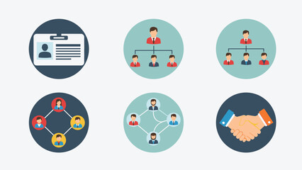 Fototapeta premium Collection of six colorful flat business icons representing identity, corporate hierarchy, networking, and a handshake.