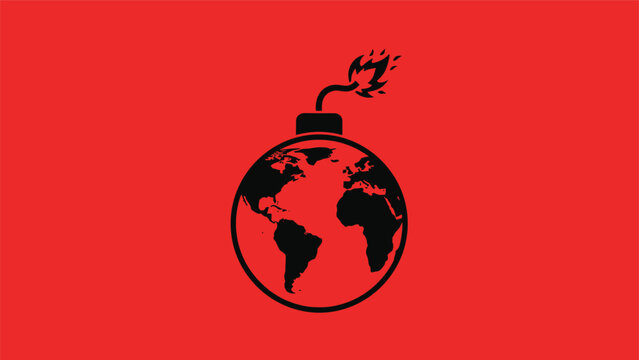 Conceptual illustration of planet earth depicted as a round bomb with a burning fuse against a solid red background.