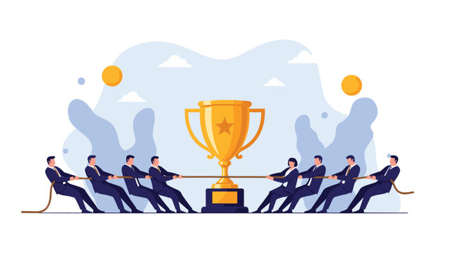 Two teams of professional businessmen engaged in a competitive tug of war over a large golden winner trophy cup.