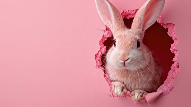 Adorable pink bunny peeking through a pink paper hole. Easter, Pascha, Paskha, Ostern, Pascua, Paques - Orthodox and Catholic Holiday celebration