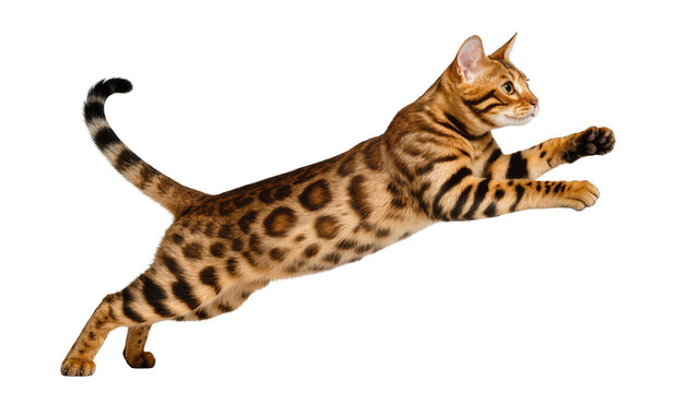 Bengal cat with striking spotted and striped fur, captured mid-air in a leap, an isolated domestic feline showcasing agility and energy