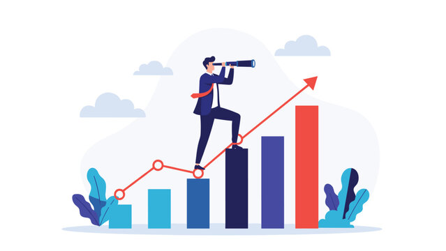 Ambitious businessman standing on a rising bar chart and using a telescope to look for future business opportunities.