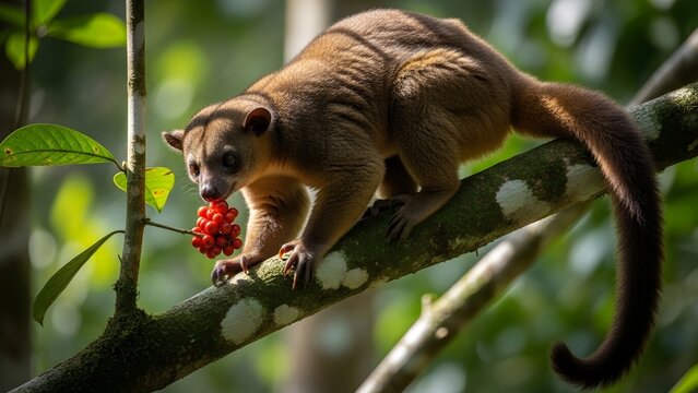 a kinkajou climbing among high rainforest branches, long prehensile tail wrapped securely, sniffing bright red berries with curious expression, glossy caramel fur illuminated by dappled sunlight