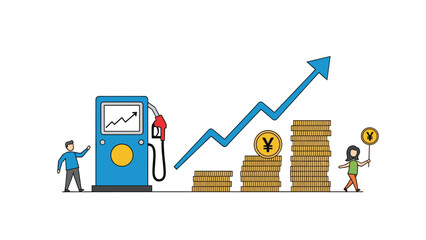 Illustration of gas station pump with rising arrow and stacks of yen coins representing fuel price inflation and economic impact.