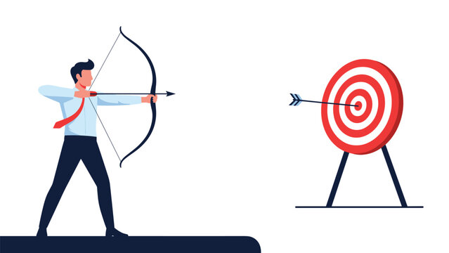 Focused businessman pulling back a bowstring to shoot an arrow at a red and white target for achieving business success.