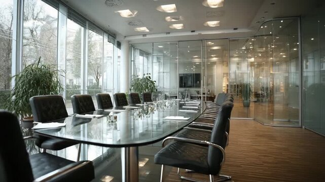Modern Glass Conference Room Interior, Corporate Office Meeting Table with Empty Chairs