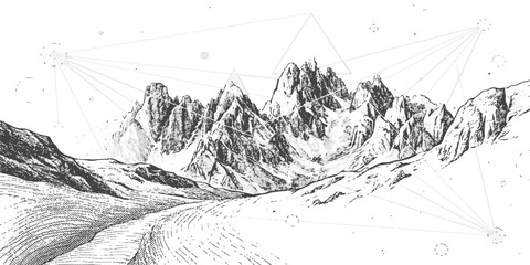 Hand drawn mountain landscape with abstract geometric network lines and dots overlay technology © md
