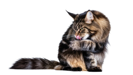 Fototapeta premium Majestic brown tabby Maine Coon cat grooming its paw, captured in a detailed studio shot, isolated PNG on transparent background, perfect for pet-related designs
