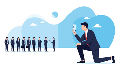 Fototapeta premium Identity or imposter syndrome concept showing a professional man holding a mask in front of a line of candidates.