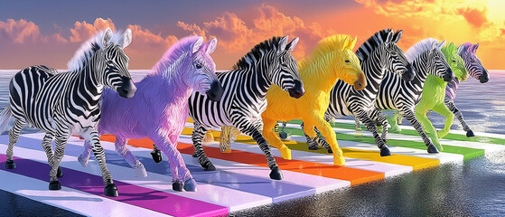 Fototapeta premium Colorful Zebra Herd Running Across Rainbow Piano Keys Over Ocean At Sunset, Surreal Fantasy