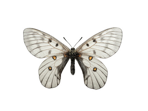 Parnassius butterfly specimen with translucent wings isolated on white