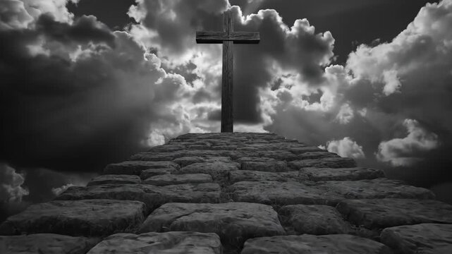 Stone path leading to cross under dramatic cloudy sky with sunlight. Easter, Pascha, Paskha, Ostern, Pascua, Paques - Orthodox and Catholic Holiday celebration
