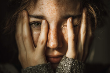 Primer plano de un rostro estresado con las manos cubriendo las mejillas. Primer plano de una persona con un suéter gris presionando sus manos contra el rostro en un momento de estrés o fatiga.