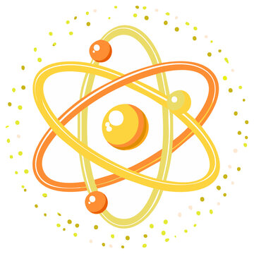 Vivid Cartoon Atom Model with Yellow and Orange Orbitals on White Background