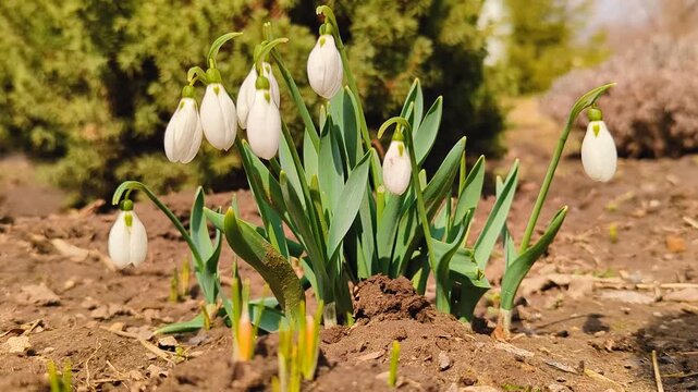 Spring white snowdrops, the very first spring flowers, tremble in the wind.